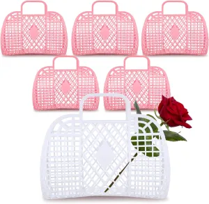 Silkfly 6 Pcs Jelly Tote Bags Plastic Easter Baskets for Egg Hunting Wedding Beach Gifts Purse Bags for Spring Party Favor(Pink, White,Small)