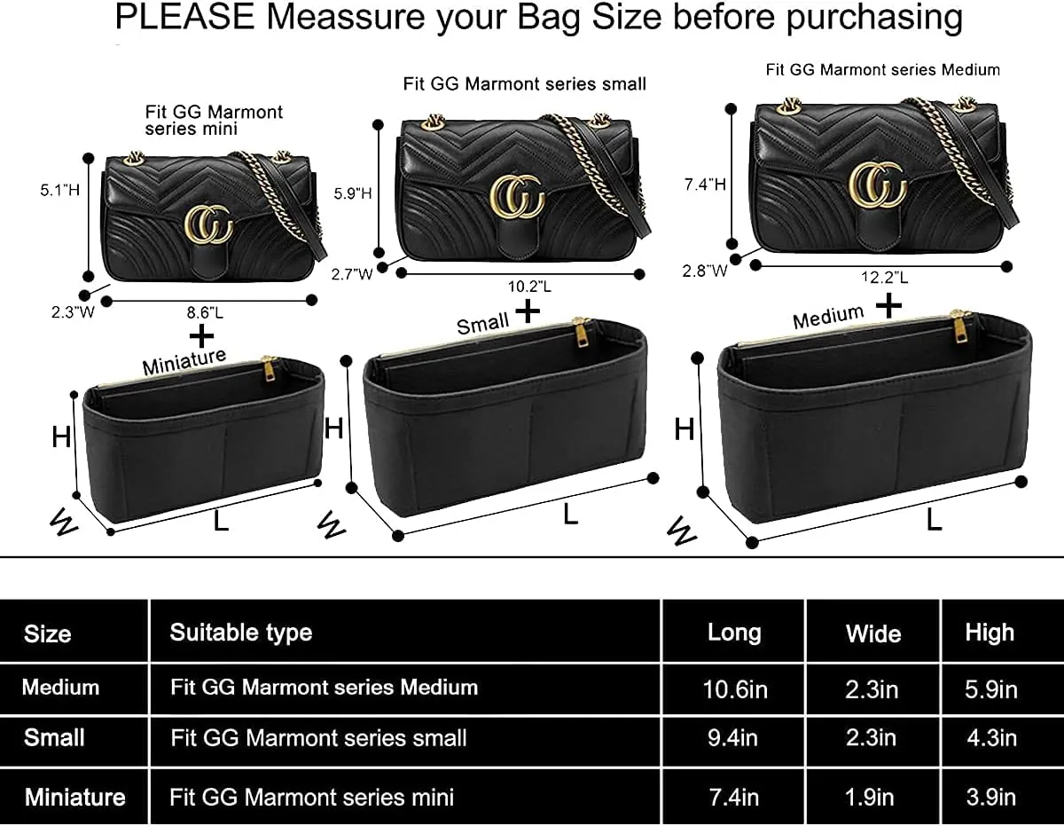 Small Handbag Shaper Insert for GG Marmont Matelasse Shoulder Bag(Pack of 2)Felt Insert Purse Organizer with Zipper- Buy 1 Get 1 Bag Free Small 8030 Black