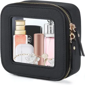 Small Makeup Bag, Travel Toiletry Bag, Mini Double-Sided Clear Waterproof Cosmetic Bag OrganizerCar Essentials for Women (Mini-Black)