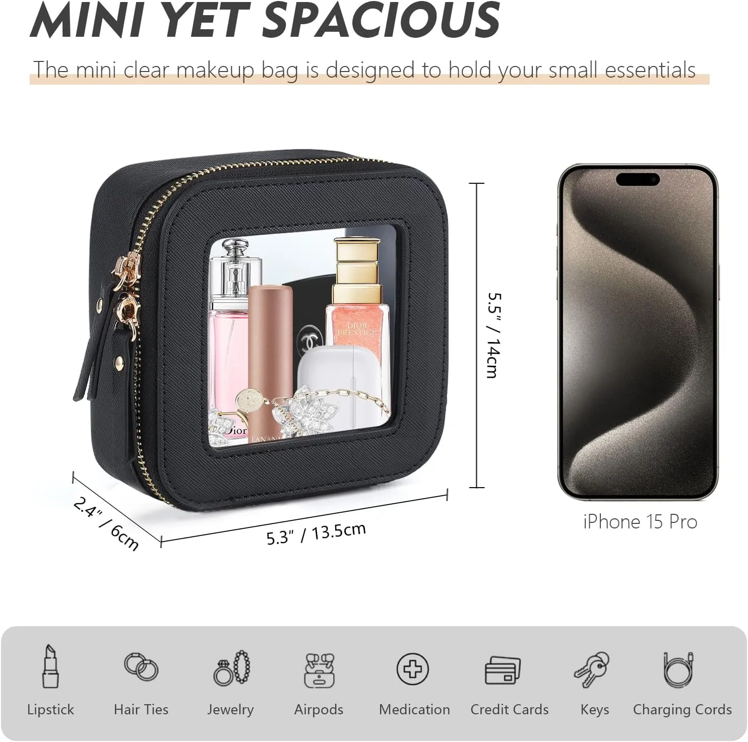 Small Makeup Bag, Travel Toiletry Bag, Mini Double-Sided Clear Waterproof Cosmetic Bag OrganizerCar Essentials for Women (Mini-Black)
