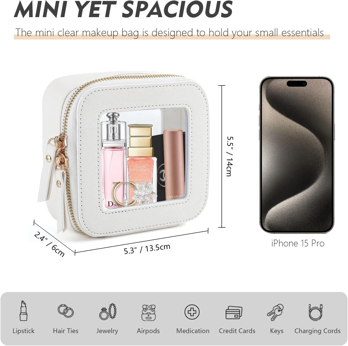 Small Makeup Bag, Travel Toiletry Bag, Mini Double-Sided Clear Waterproof Cosmetic Bag OrganizerCar Essentials for Women (Mini-White)