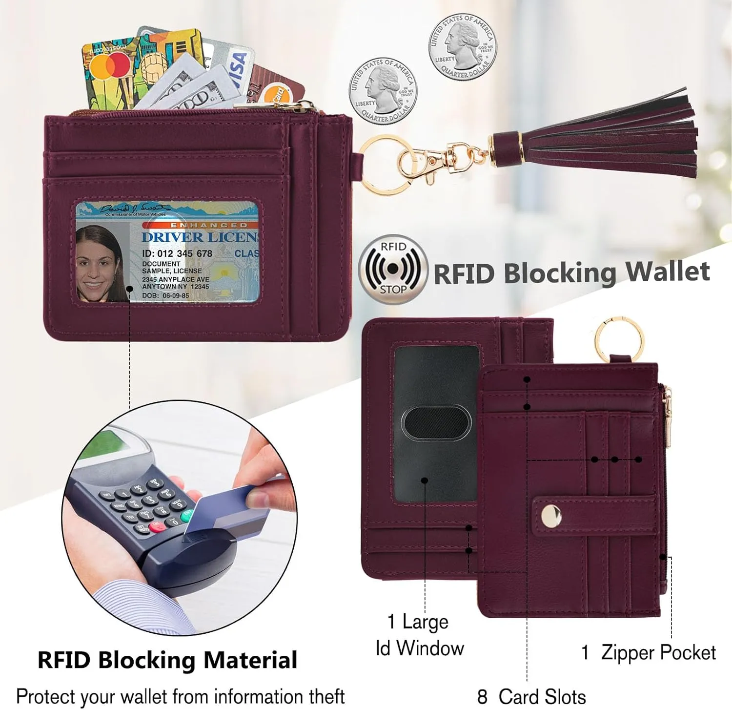 Small Wristlet Wallets for Women RFID Credit Card Holder Wallet Keychain Wristlet Wallet Credit Card Wallets for Women (Burgundy)