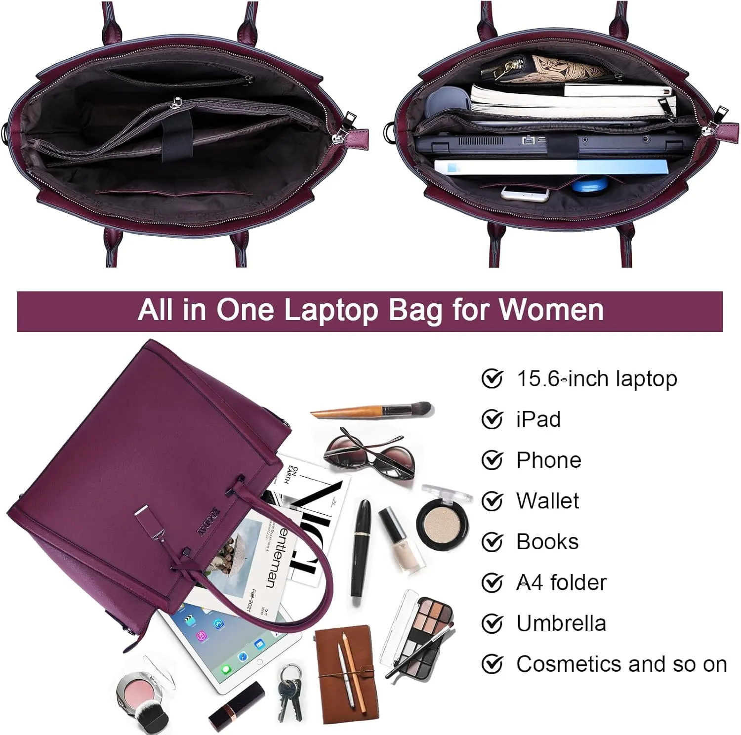 Stylish 15.6 Inch Laptop Tote Bag for Women - Travel Computer Handbag with Long Shoulder Strap