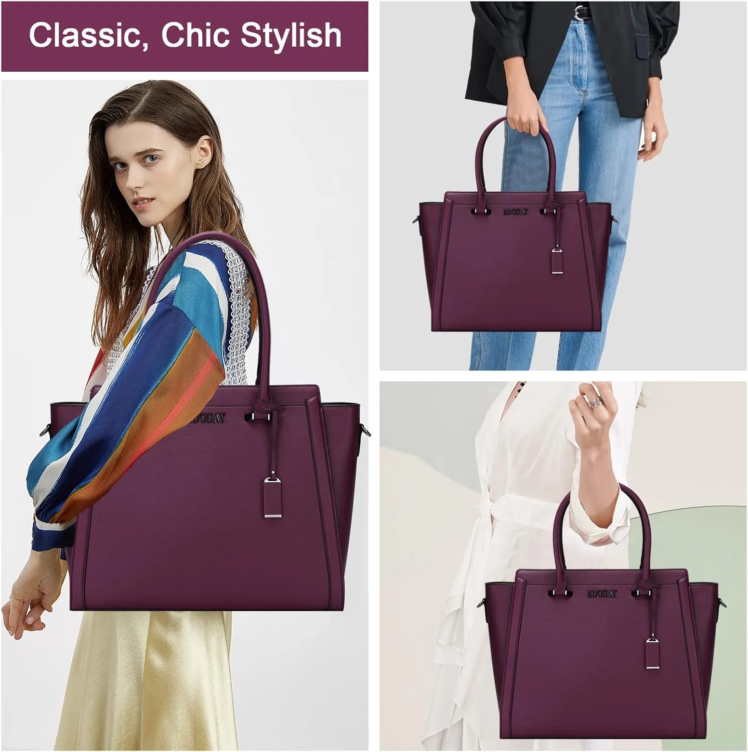 Stylish 15.6 Inch Laptop Tote Bag for Women - Travel Computer Handbag with Long Shoulder Strap
