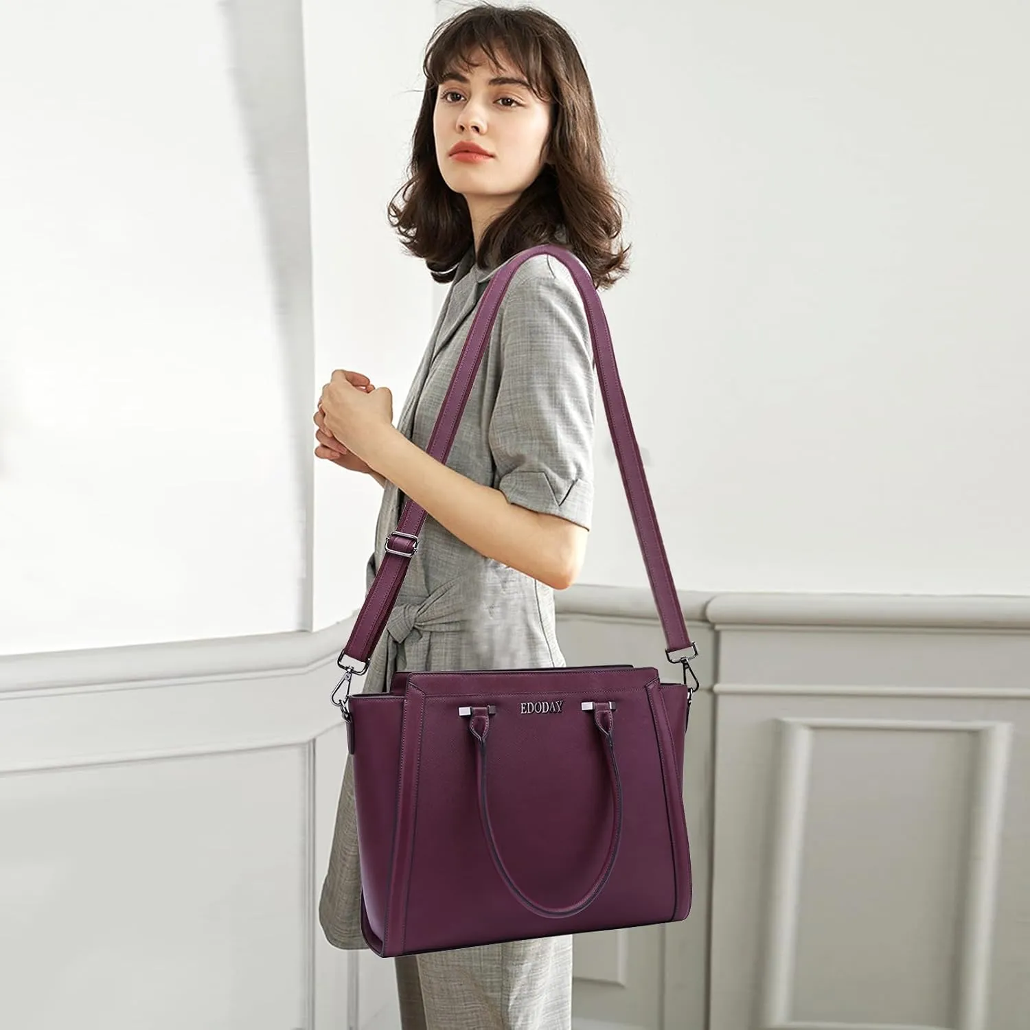 Stylish 15.6 Inch Laptop Tote Bag for Women - Travel Computer Handbag with Long Shoulder Strap