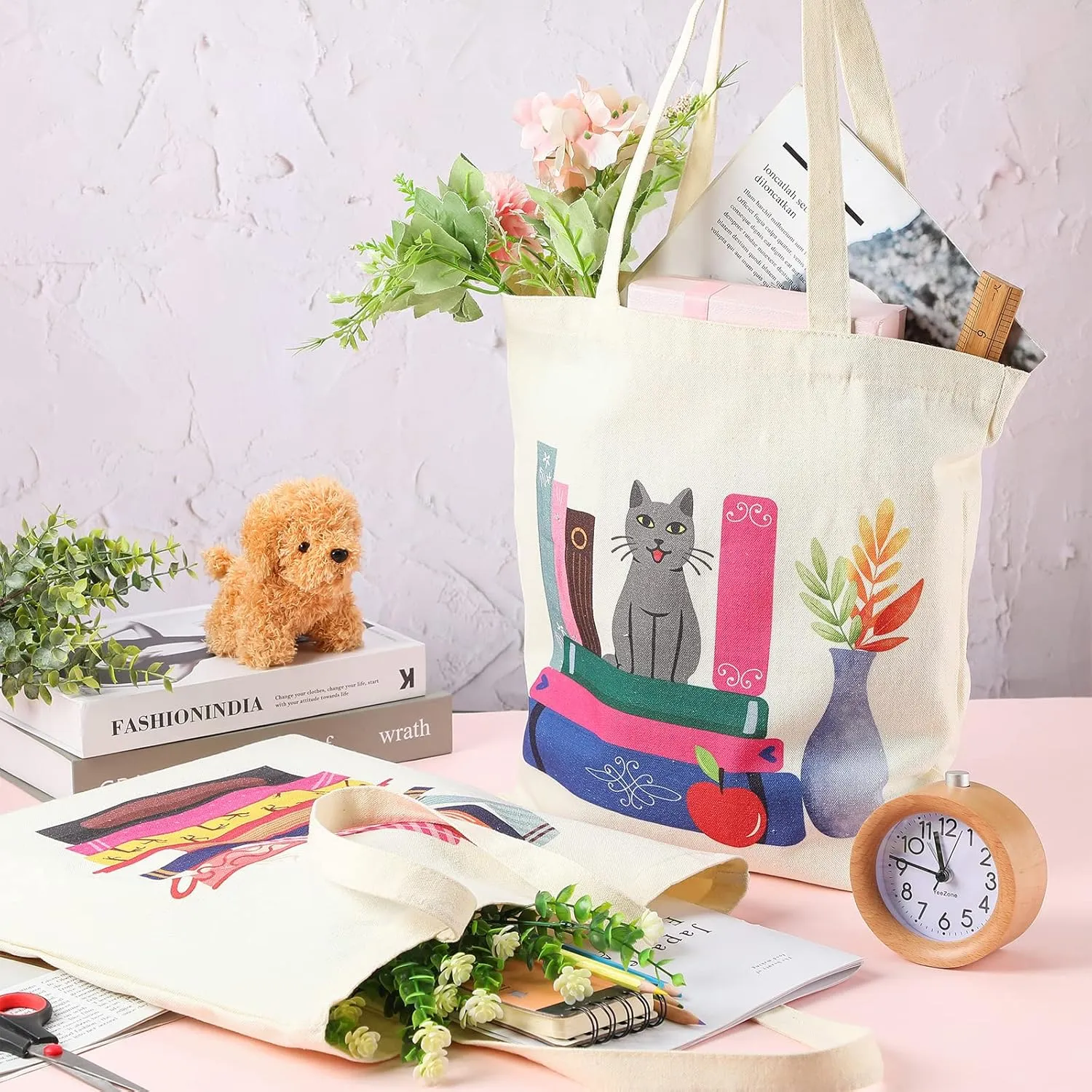 Sweetude 4 Pcs Book Lover Club Gift Canvas Tote Bag with Pocket Aesthetic Librarian Bookish Reader Birthday Gifts for Women