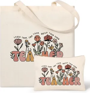 Teacher Gifts for Women, Teacher Appreciation Gifts Canvas Tote Bag with Comestic Bag, Christmas Gifts for Teachers, Thank You Teacher Gift from Student