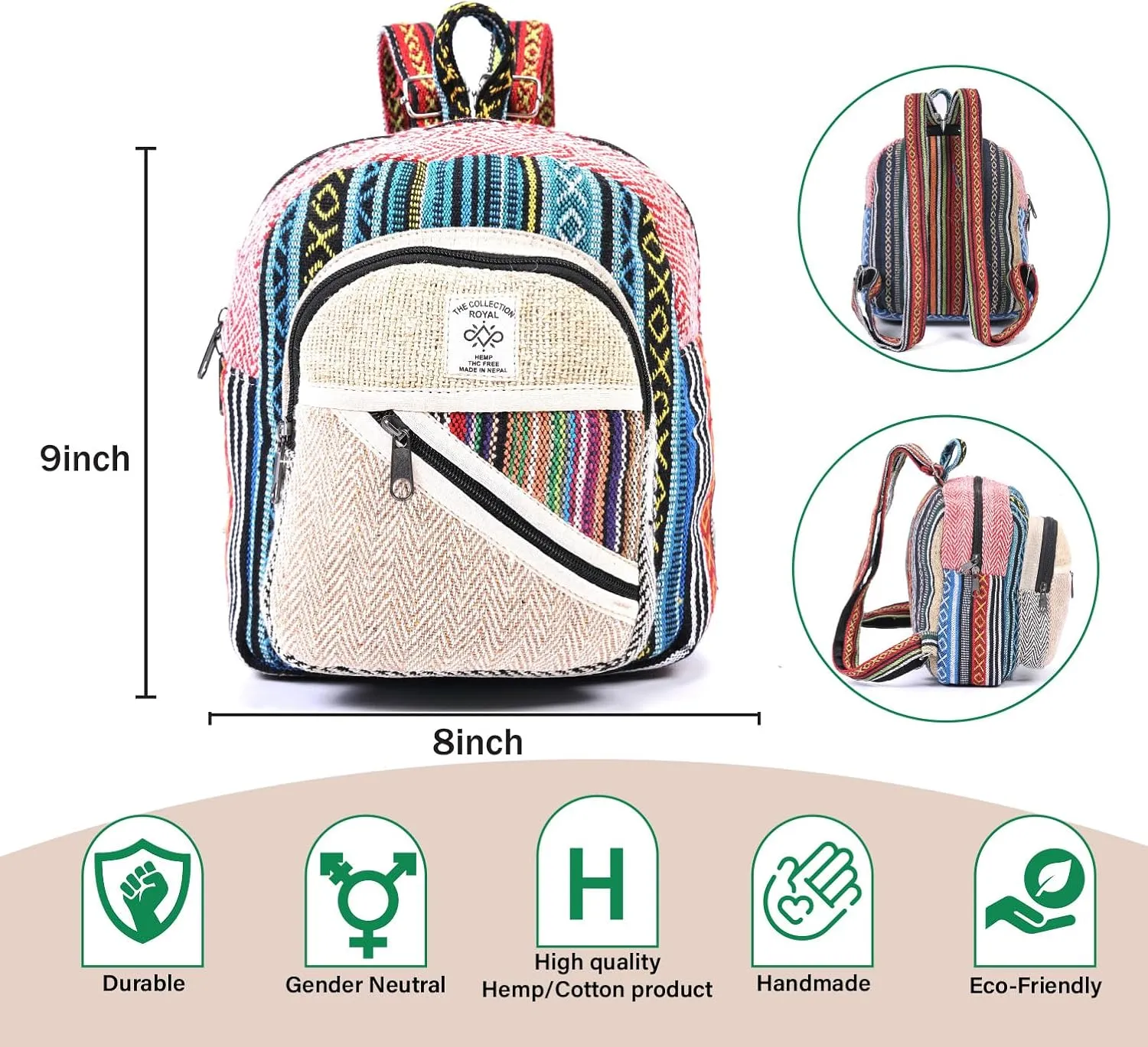 THE COLLECTION ROYAL Himalayan Hemp and Cotton Boho Bohemian Hippie Bag Purse Eco Friendly Mini Daypack Backpack