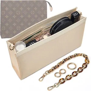 Vercord Purse Insert Organizer 26 Toiletry Pouch Insert with Leopard Acrylic Chain Strap Beige L