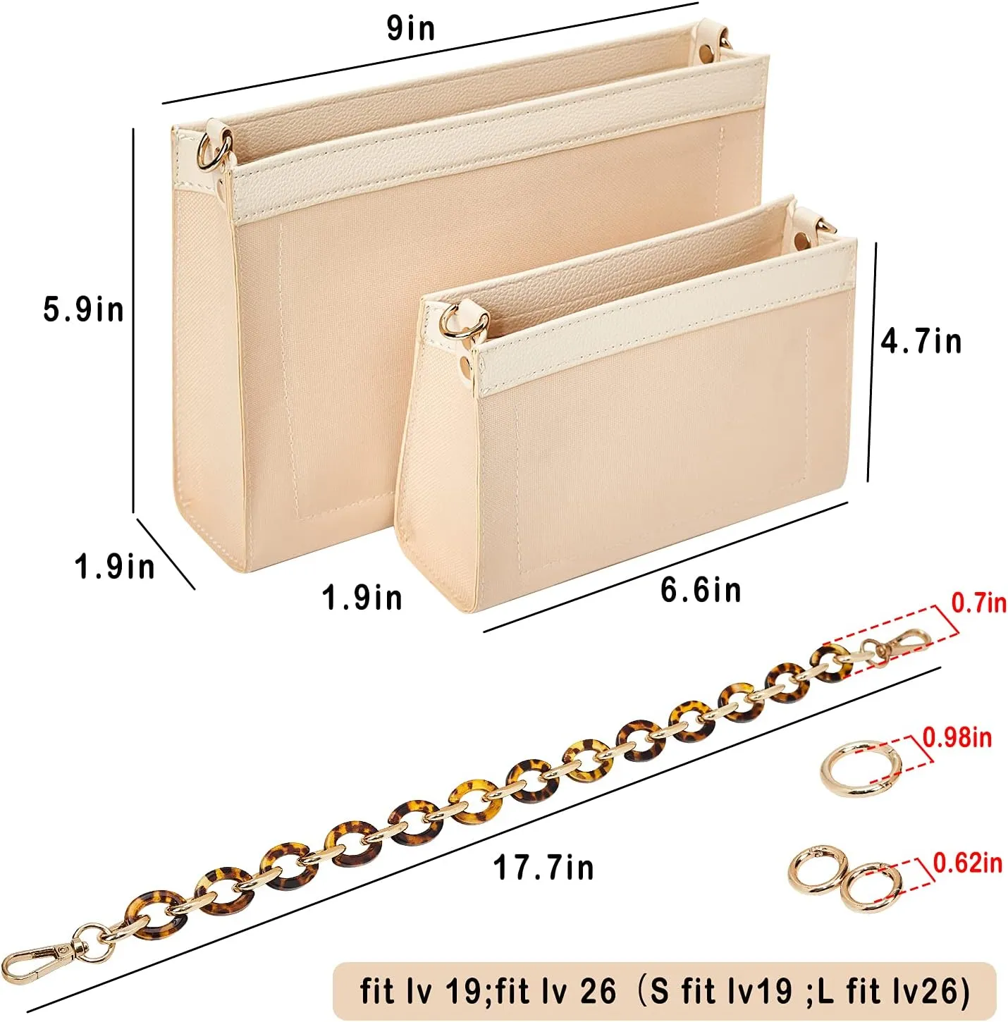 Vercord Purse Insert Organizer 26 Toiletry Pouch Insert with Leopard Acrylic Chain Strap Beige L