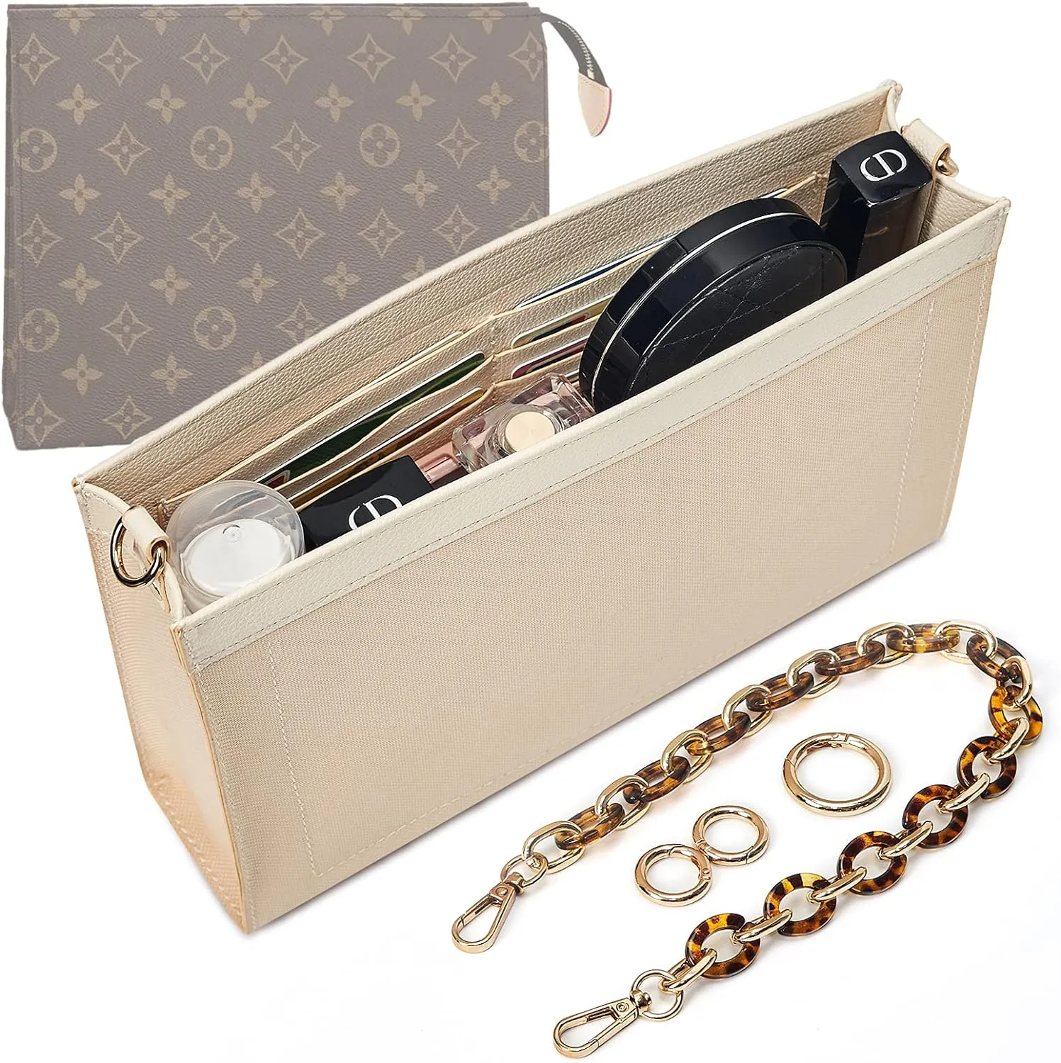 Vercord Purse Insert Organizer 26 Toiletry Pouch Insert with Leopard Acrylic Chain Strap Beige L