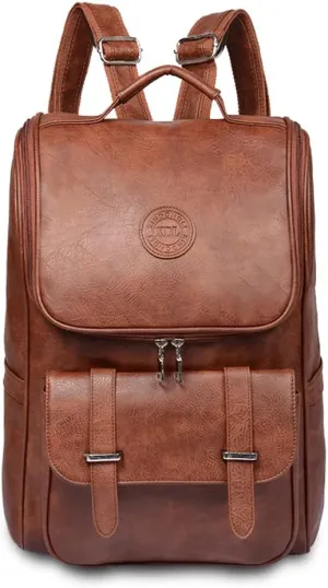 Vintage Faux Leather Backpack, Slim Laptop Backpack Travel Waterproof Pack Weekend Daypack Bag for Men Women,Brown