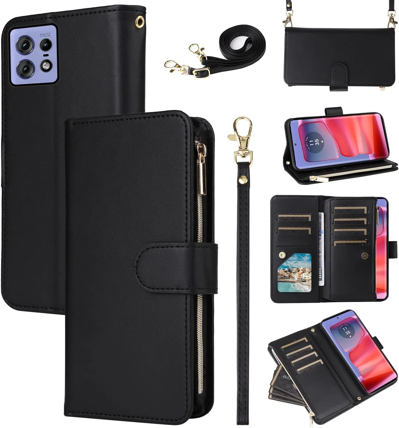 Wallet Case for Motorola Moto Edge 50 pro 5G with Wrist Strap Crossbody Shoulder Strap Flip Zipper Purse Card Holder Slots Protector Stand Accessories Phone Cover Moto edge50pro 5G Girls Black