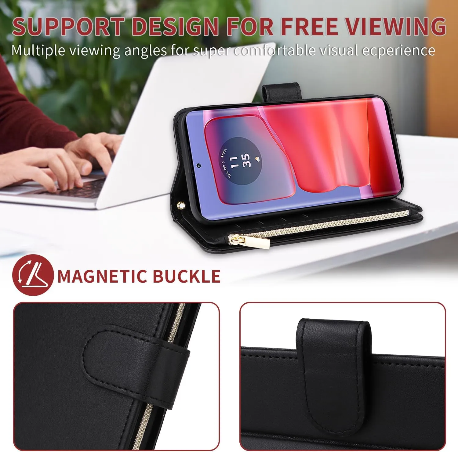 Wallet Case for Motorola Moto Edge 50 pro 5G with Wrist Strap Crossbody Shoulder Strap Flip Zipper Purse Card Holder Slots Protector Stand Accessories Phone Cover Moto edge50pro 5G Girls Black