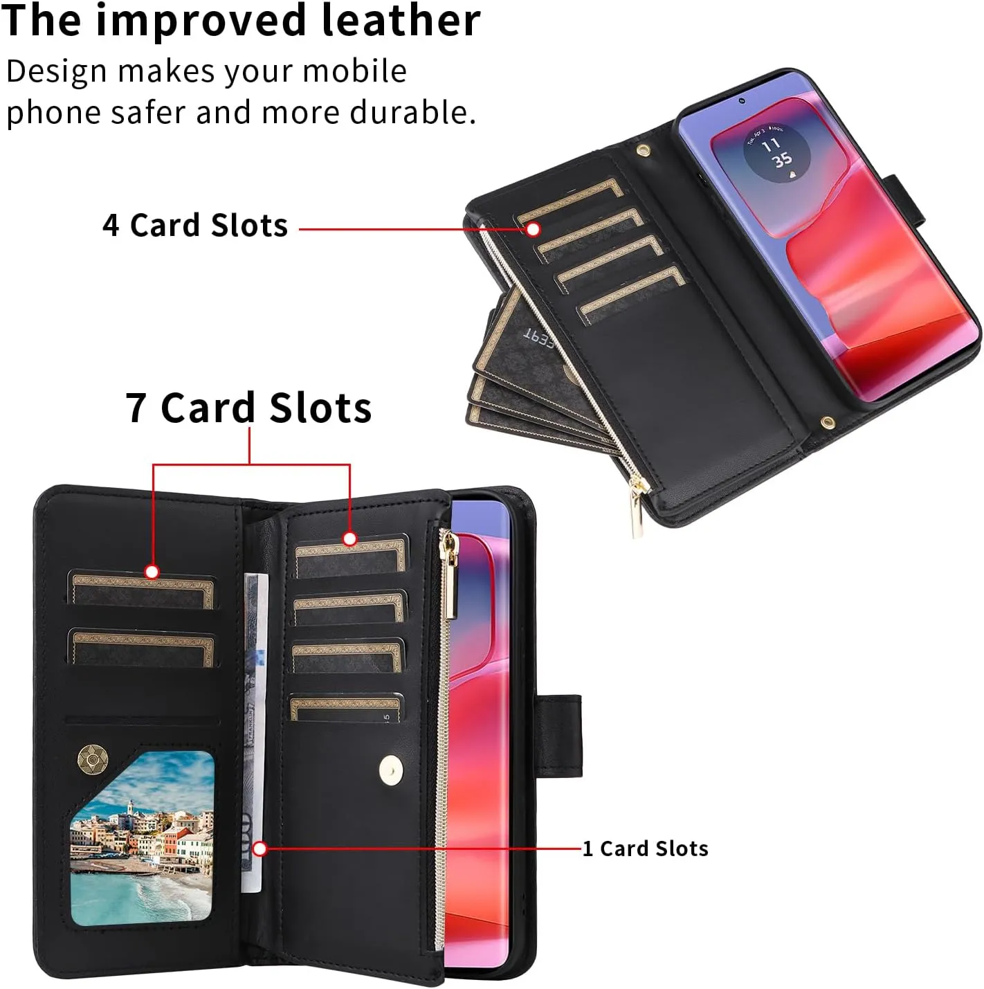 Wallet Case for Motorola Moto Edge 50 pro 5G with Wrist Strap Crossbody Shoulder Strap Flip Zipper Purse Card Holder Slots Protector Stand Accessories Phone Cover Moto edge50pro 5G Girls Black