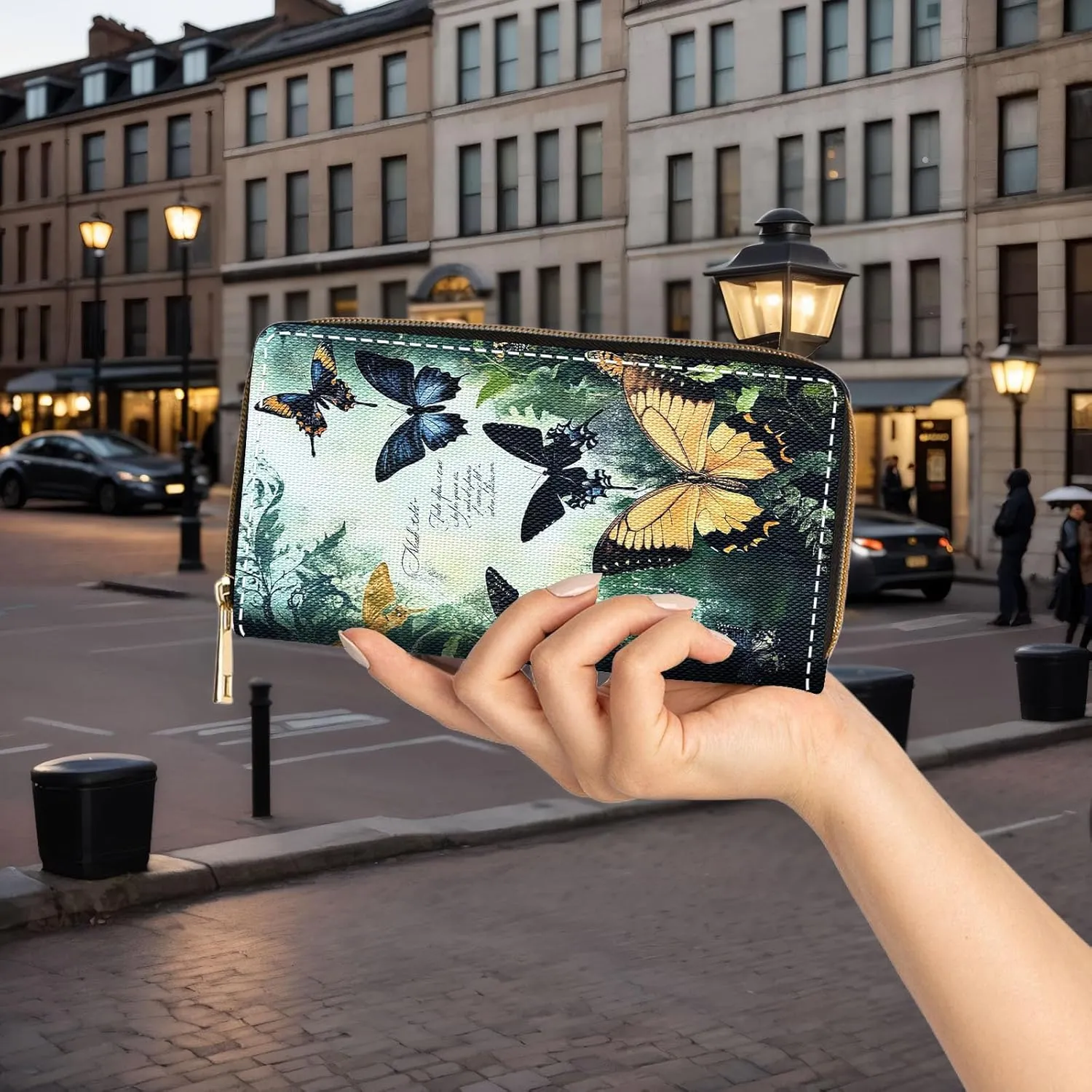 Wallet,Large Capacity RFID Blocking Leather Wallet, Durable Smooth Zipper Clutch,Unisex Travel Wallet for Cards,Cash,and Coins,Butterfly