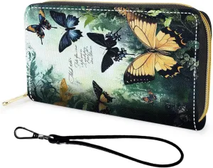 Wallet,Large Capacity RFID Blocking Leather Wallet, Durable Smooth Zipper Clutch,Unisex Travel Wallet for Cards,Cash,and Coins,Butterfly