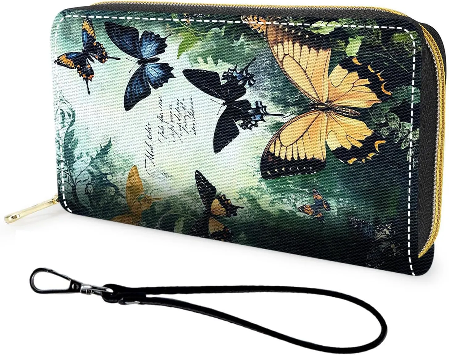 Wallet,Large Capacity RFID Blocking Leather Wallet, Durable Smooth Zipper Clutch,Unisex Travel Wallet for Cards,Cash,and Coins,Butterfly