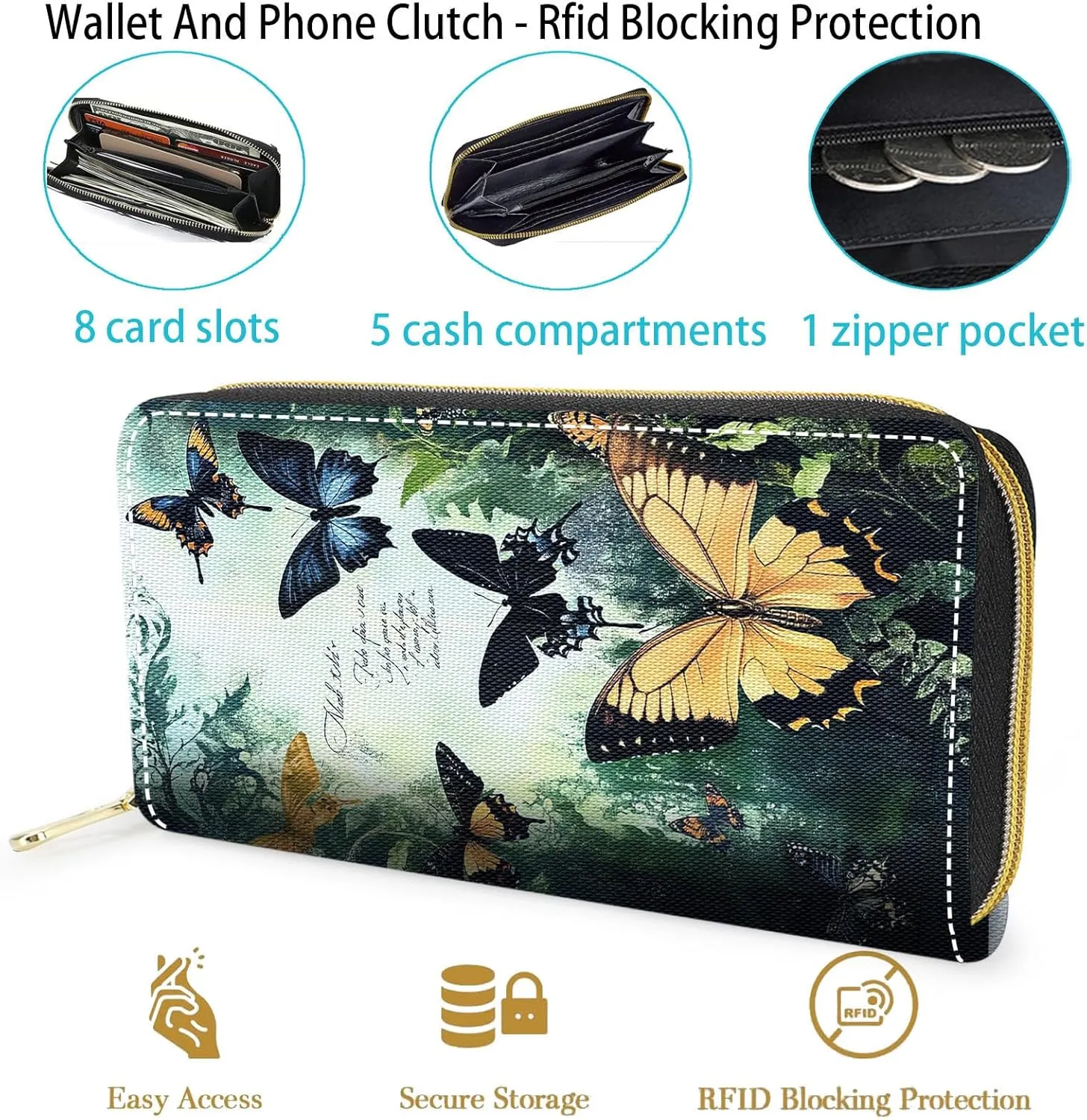 Wallet,Large Capacity RFID Blocking Leather Wallet, Durable Smooth Zipper Clutch,Unisex Travel Wallet for Cards,Cash,and Coins,Butterfly