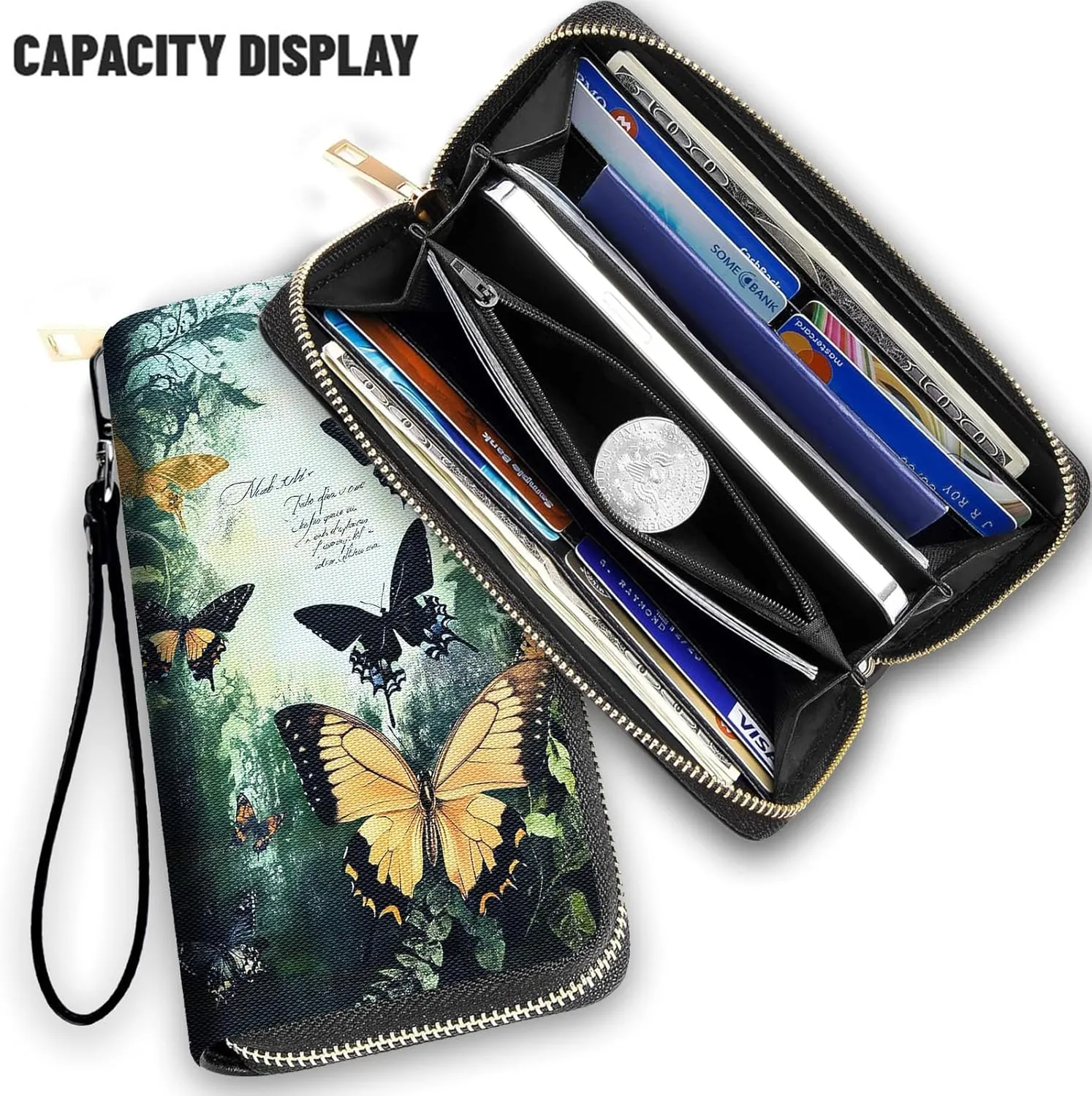 Wallet,Large Capacity RFID Blocking Leather Wallet, Durable Smooth Zipper Clutch,Unisex Travel Wallet for Cards,Cash,and Coins,Butterfly