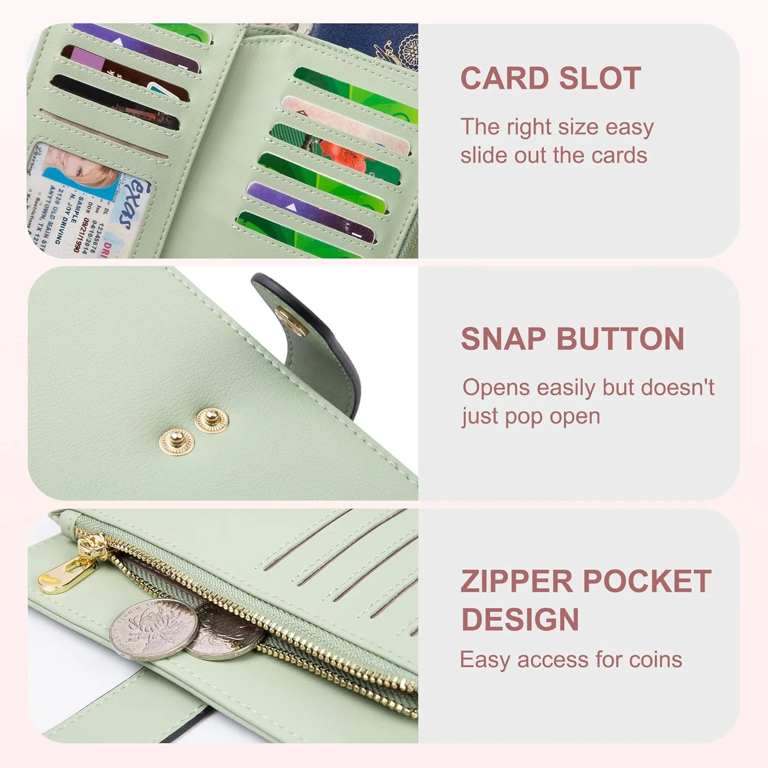 Wallets for Women RFID Blocking Leather Trifold Clutch Wallet Credit Card Holder Ladies Travel Wallet Purse with Pen Holder