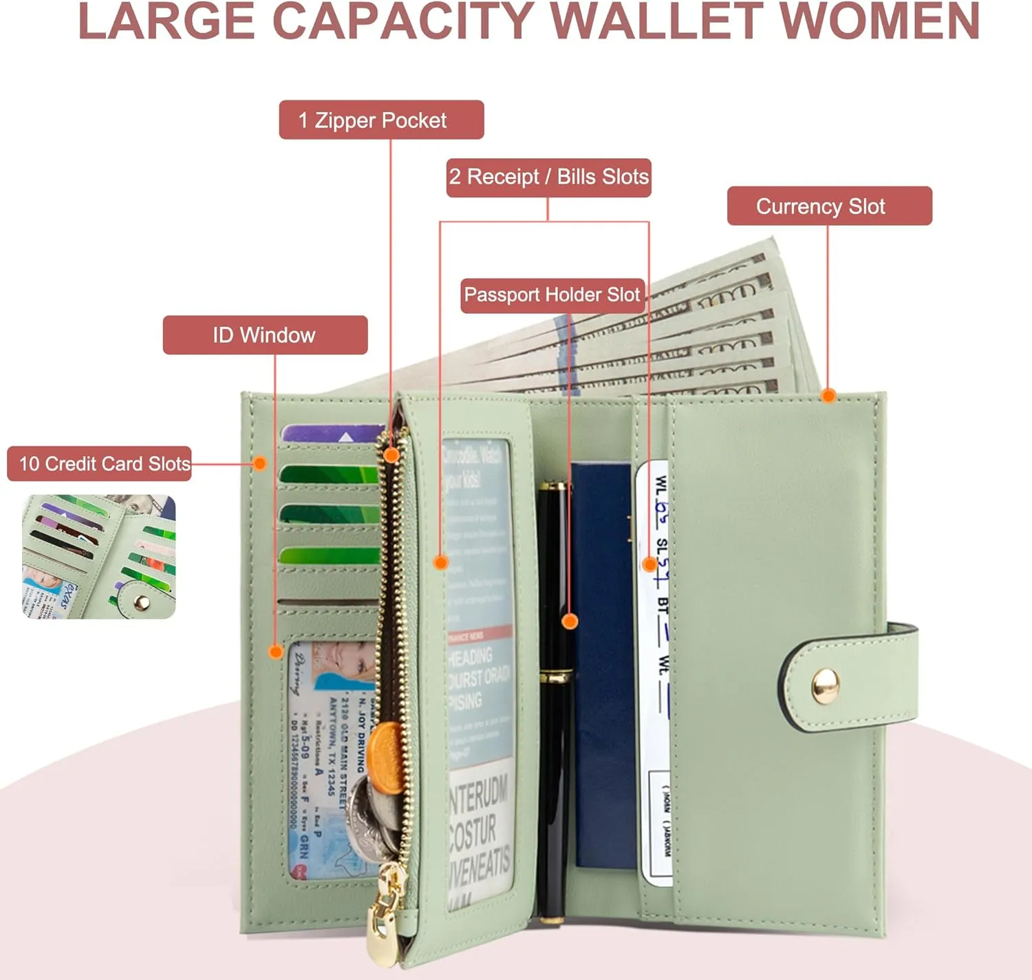 Wallets for Women RFID Blocking Leather Trifold Clutch Wallet Credit Card Holder Ladies Travel Wallet Purse with Pen Holder