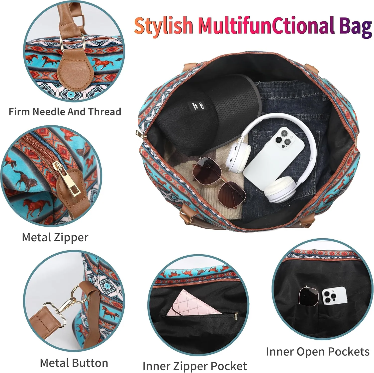 Weekender Bag Duffle Bag For Women Large Travel Tote Bag Overnight Weekend Bags With Shoulder Strap Cow Leopard Atzec
