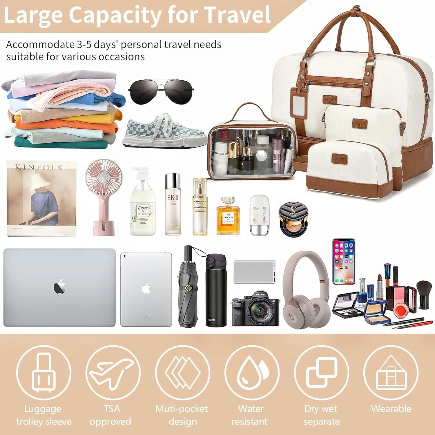 Wogarl Weekender Bags for Women Large Overnight Bag Weekend Travel Duffel Bag Carry on Shoulder with Shoe Compartment Toiletry Bag for Travel Business Gym