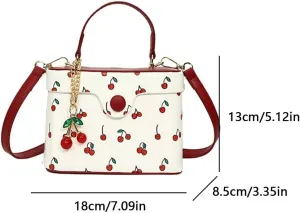 Women Casual Shoulder Bag Cherry Printed Trendy Crossbody Bag Contrast Color Cute Square Bag Travel Shopping Work Bag