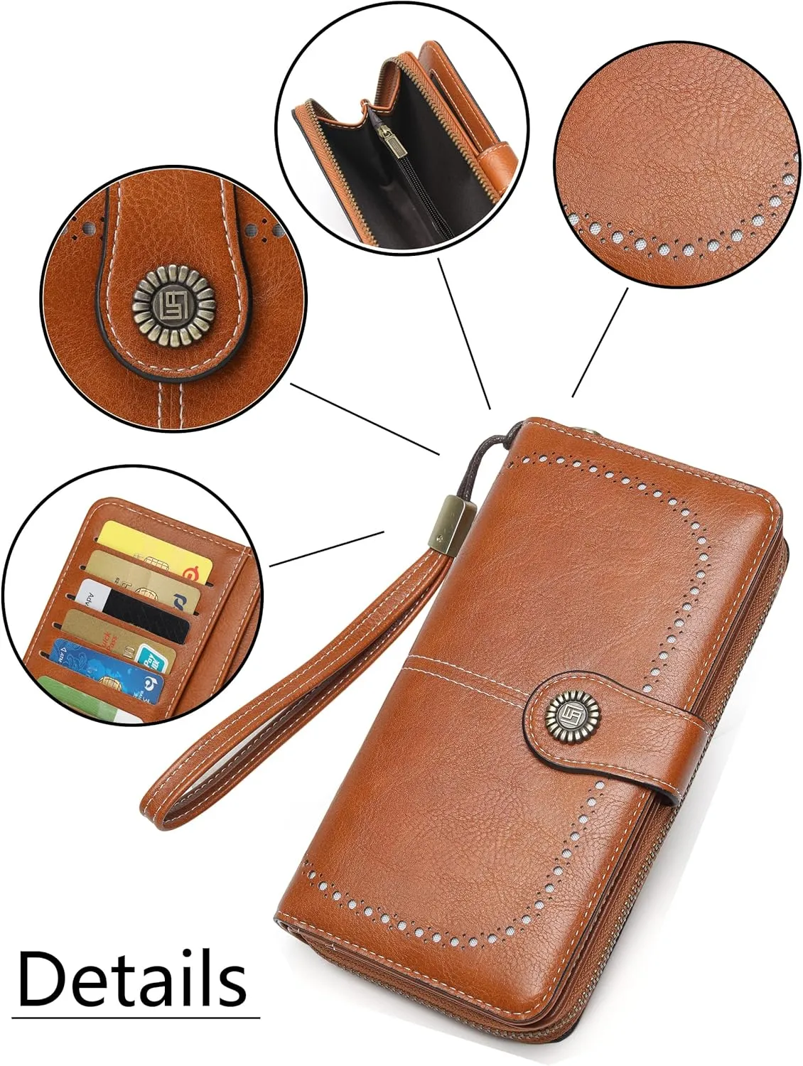 Womens Wallet Leather Large Capacity Card Holder Zipper Wristlet Wallets for Women-brown