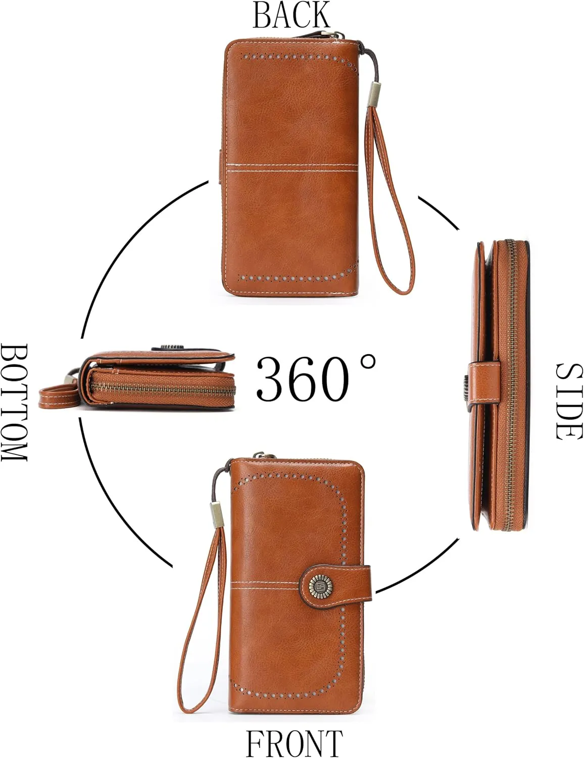 Womens Wallet Leather Large Capacity Card Holder Zipper Wristlet Wallets for Women-brown