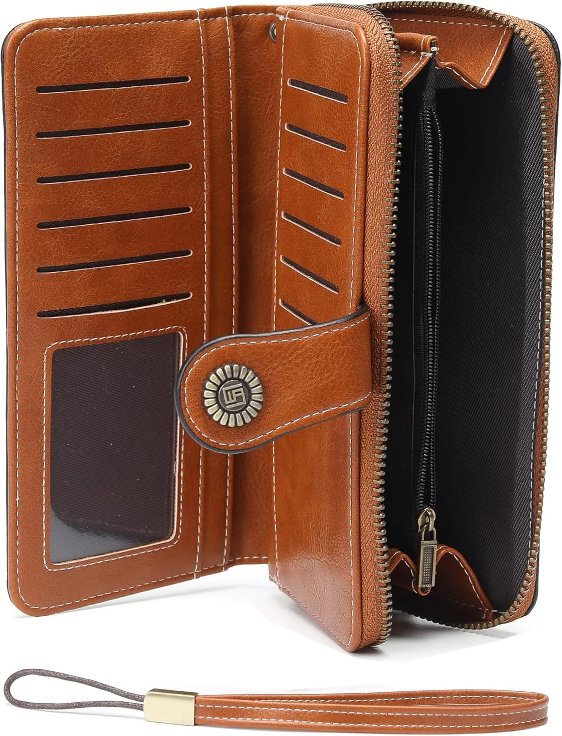 Womens Wallet Leather Large Capacity Card Holder Zipper Wristlet Wallets for Women-brown