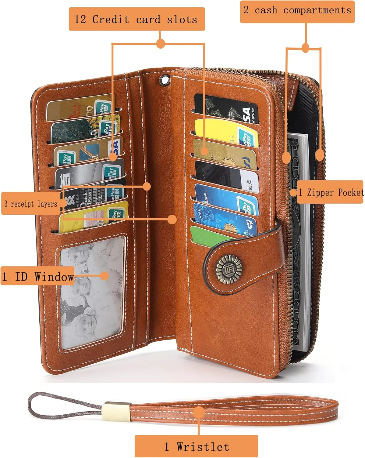 Womens Wallet Leather Large Capacity Card Holder Zipper Wristlet Wallets for Women-brown