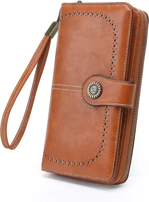 Womens Wallet Leather Large Capacity Card Holder Zipper Wristlet Wallets for Women-brown