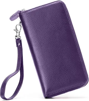 Womens Wallet RFID Blocking Genuine Leather Zip Around Wallet Clutch Wristlet Travel Long Purse for Women