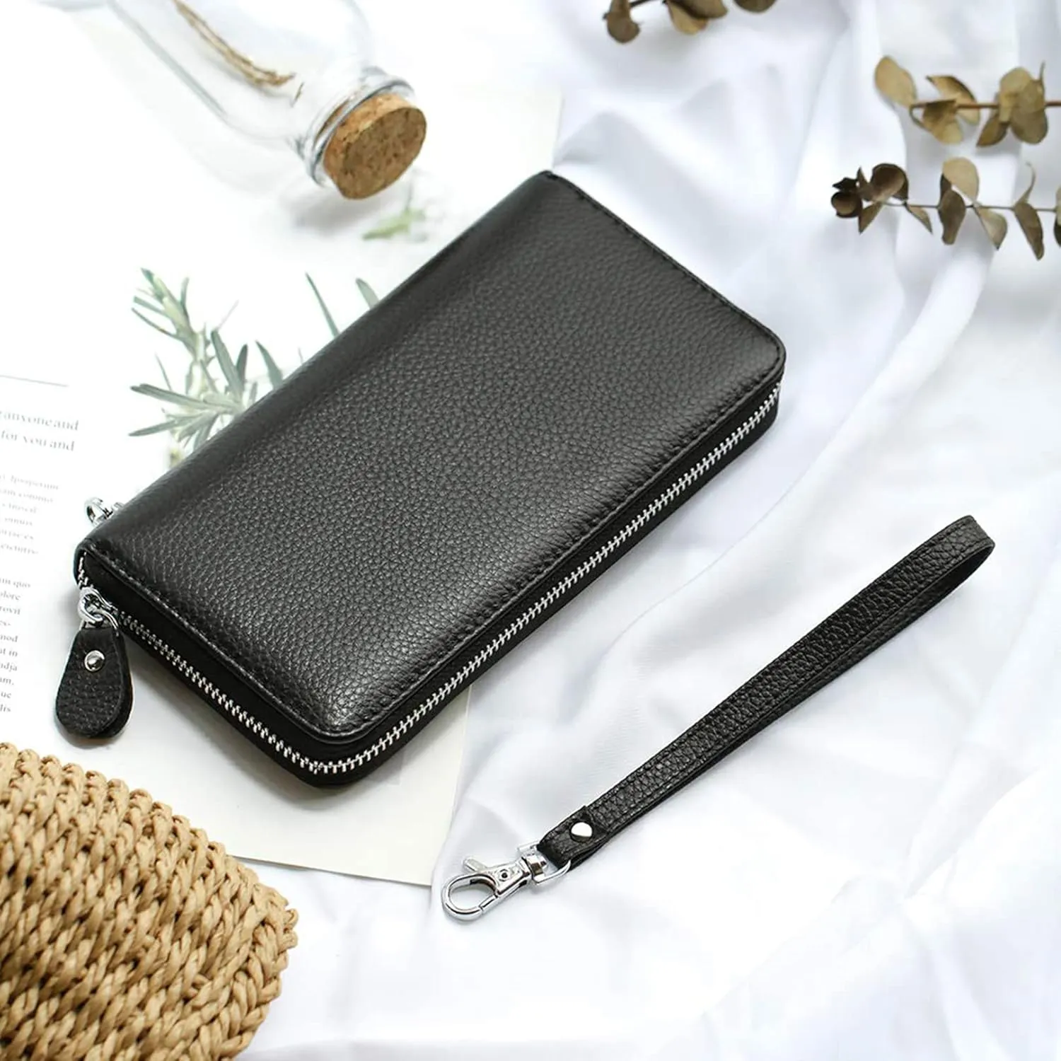 Womens Wallet RFID Blocking Genuine Leather Zip Around Wallet Clutch Wristlet Travel Long Purse for Women