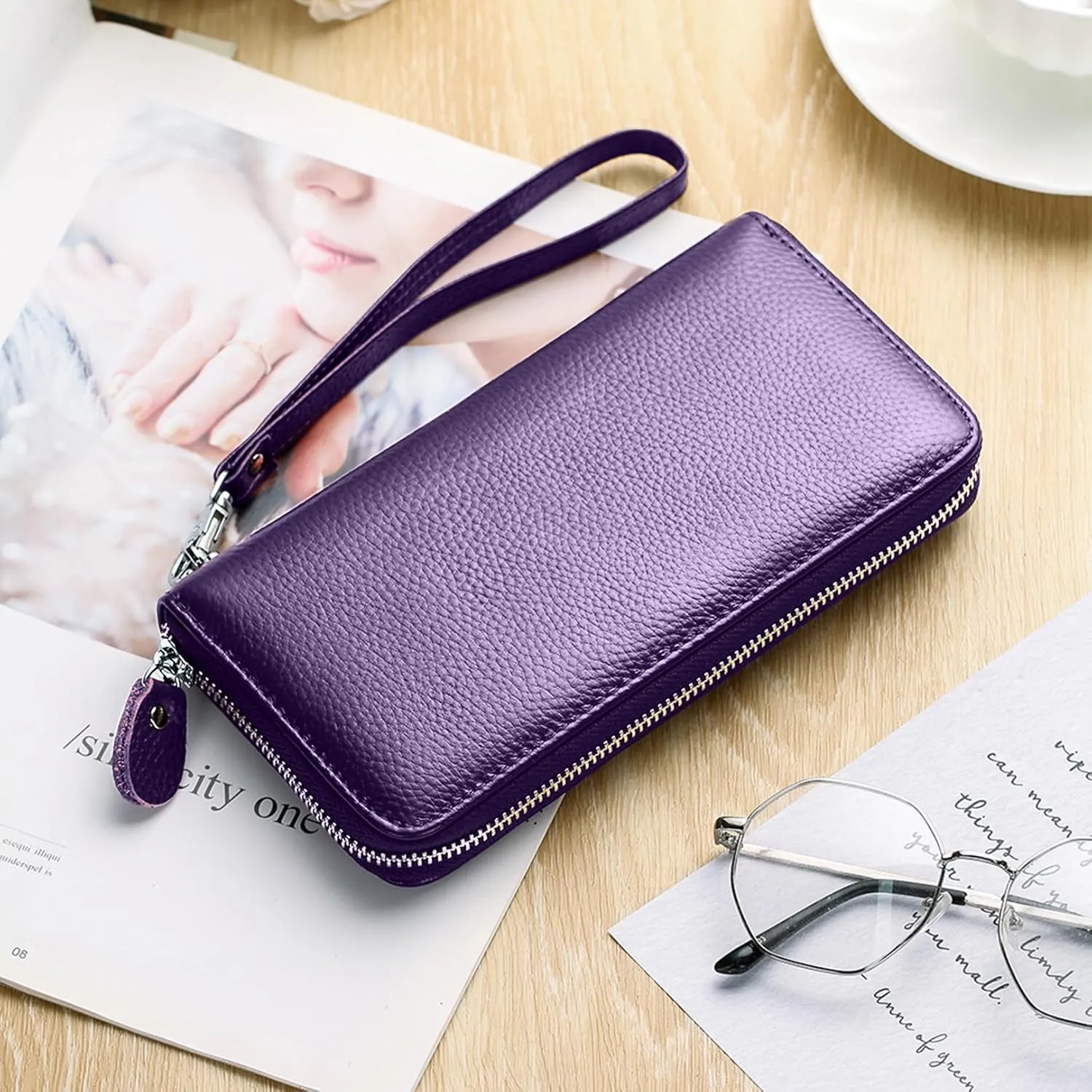 Womens Wallet RFID Blocking Genuine Leather Zip Around Wallet Clutch Wristlet Travel Long Purse for Women