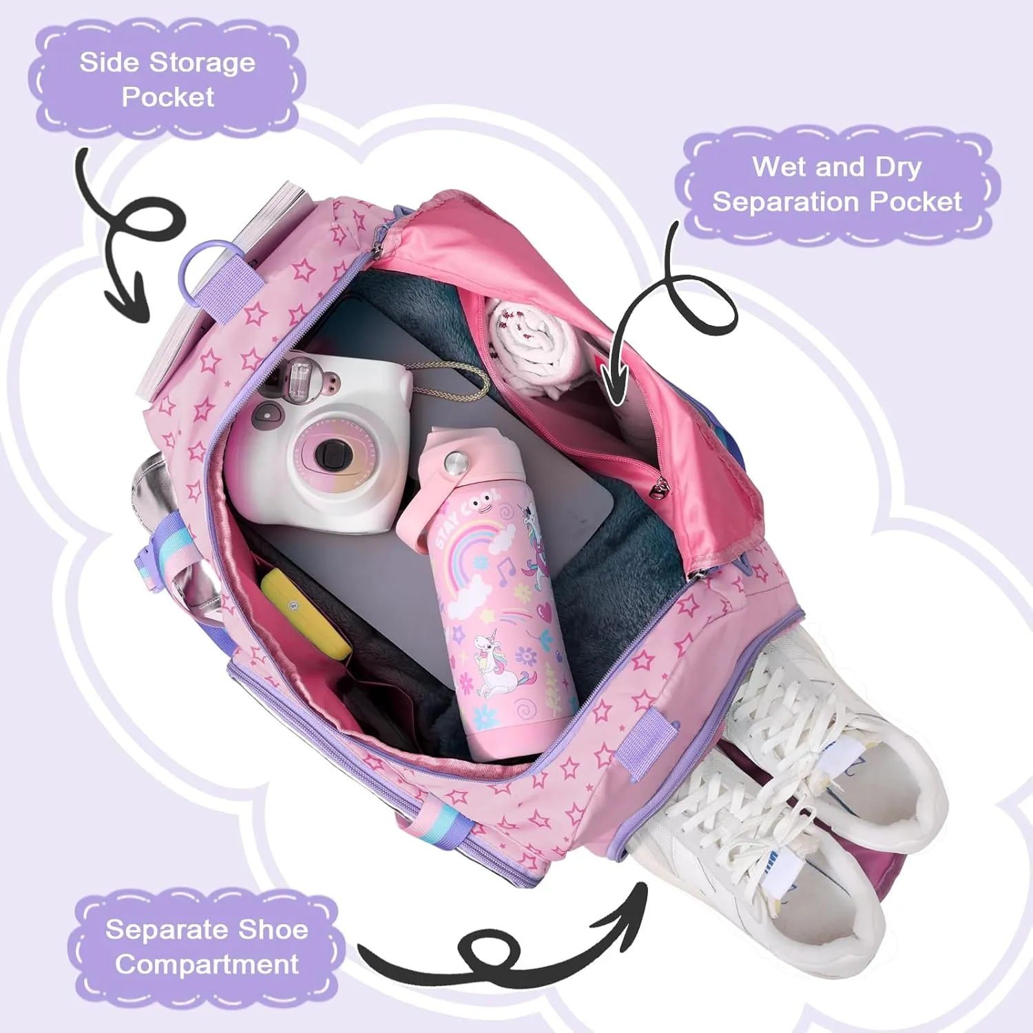 WOOMADA Travel Duffle Bag, Weekend Bag with Wet Pocket & Trolley Sleeve, Gym Dance Bag With Shoe Compartment(Star Pink)