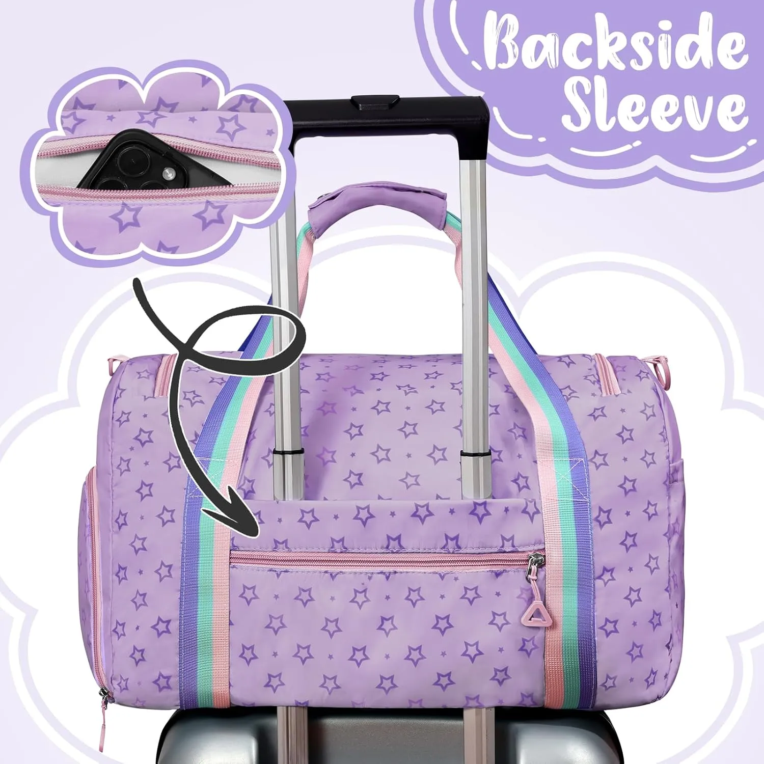 WOOMADA Travel Duffle Bag, Weekend Bag with Wet Pocket & Trolley Sleeve, Gym Dance Bag With Shoe Compartment(Star Purple)