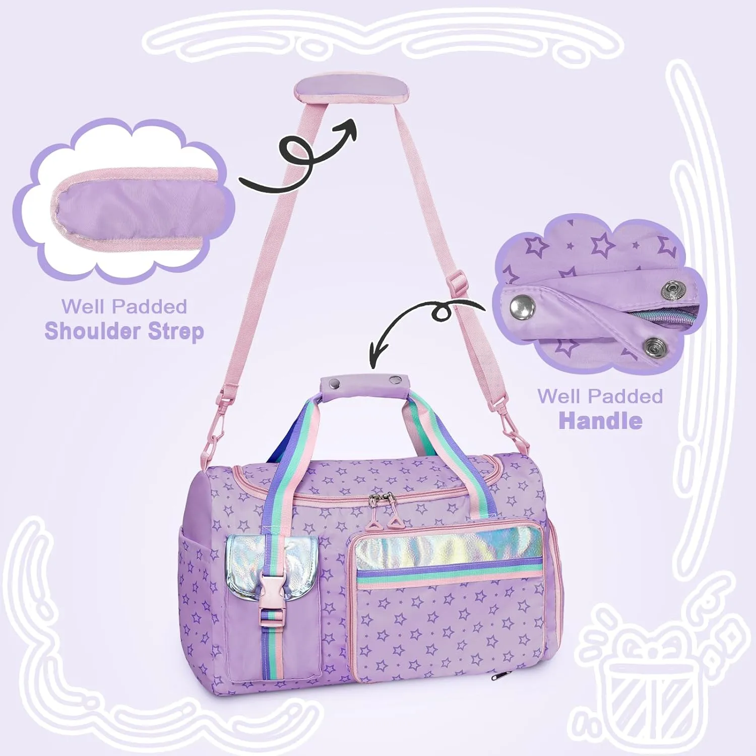WOOMADA Travel Duffle Bag, Weekend Bag with Wet Pocket & Trolley Sleeve, Gym Dance Bag With Shoe Compartment(Star Purple)