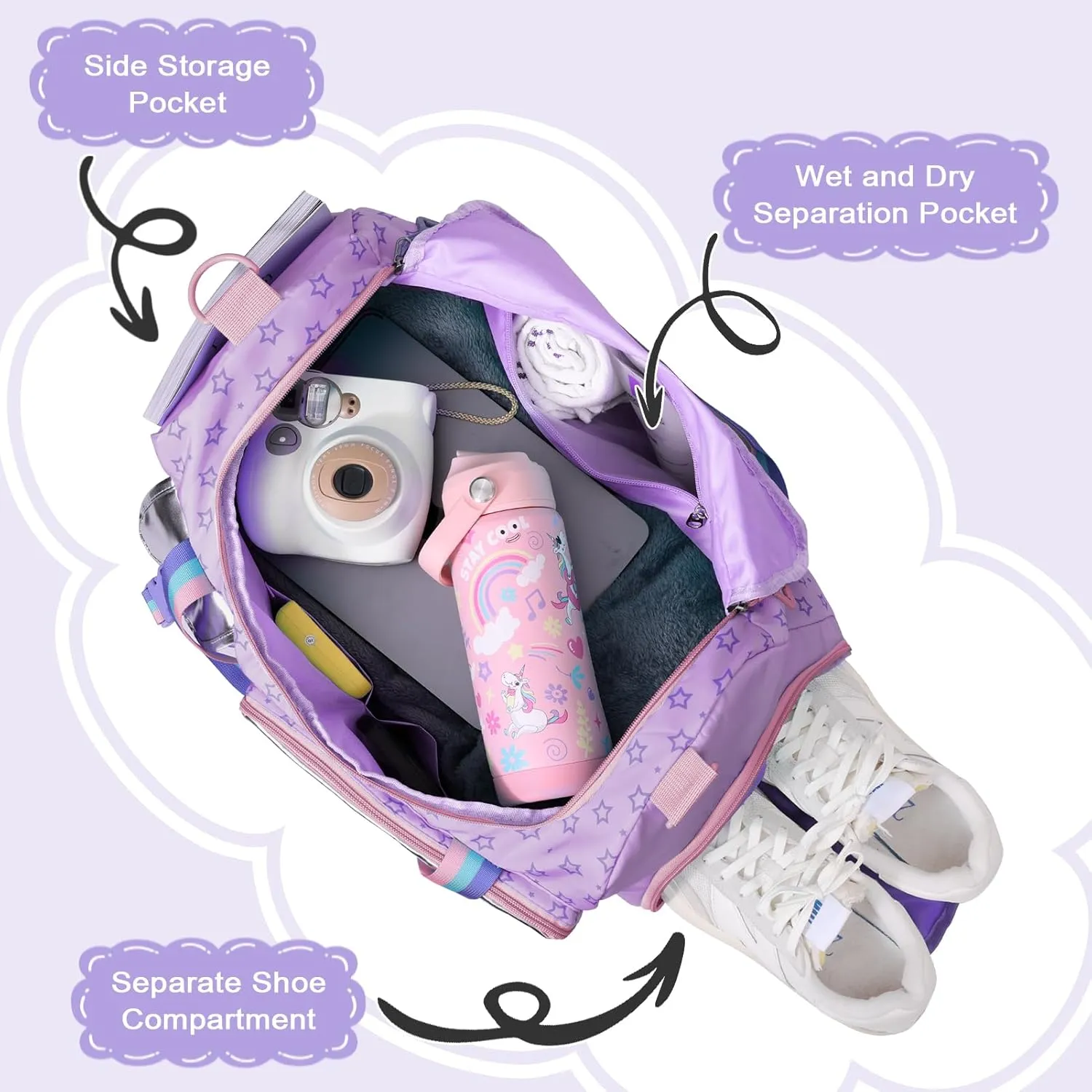 WOOMADA Travel Duffle Bag, Weekend Bag with Wet Pocket & Trolley Sleeve, Gym Dance Bag With Shoe Compartment(Star Purple)