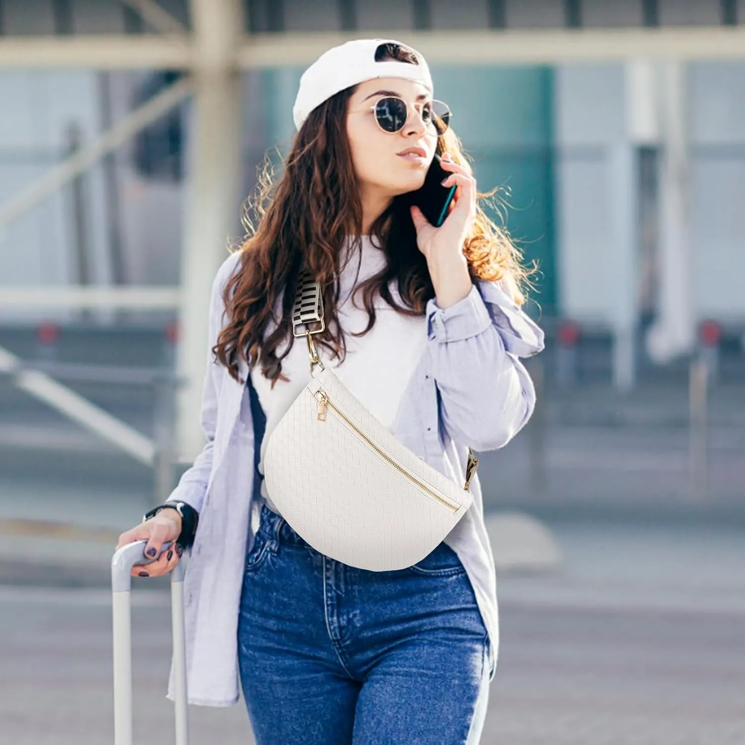 Woven Fanny Packs Belt Bag Sling Bag for Women Woven Leather Bum Bag Crossbody Bag Waist Pack Chest Bag Purse Shoulder Bag for Women-Cream