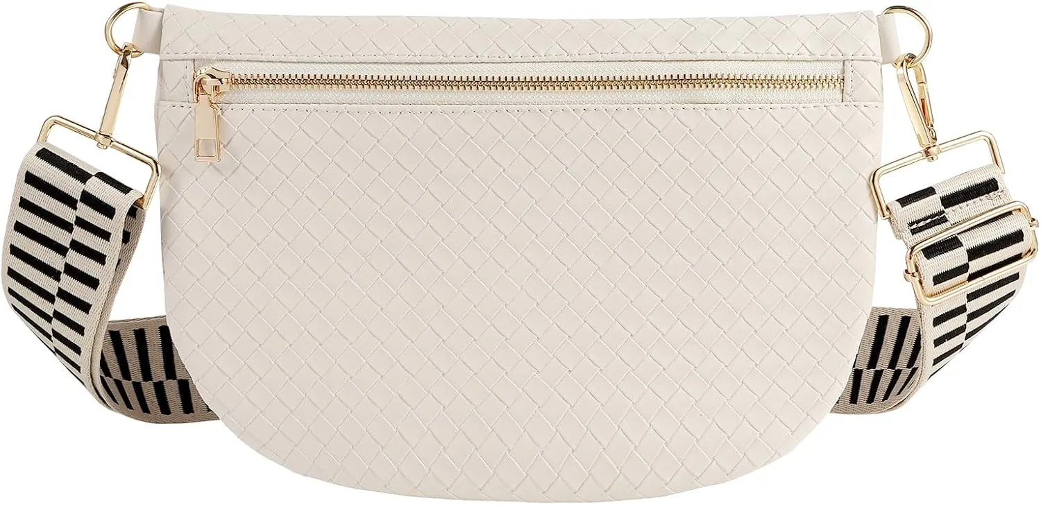 Woven Fanny Packs Belt Bag Sling Bag for Women Woven Leather Bum Bag Crossbody Bag Waist Pack Chest Bag Purse Shoulder Bag for Women-Cream