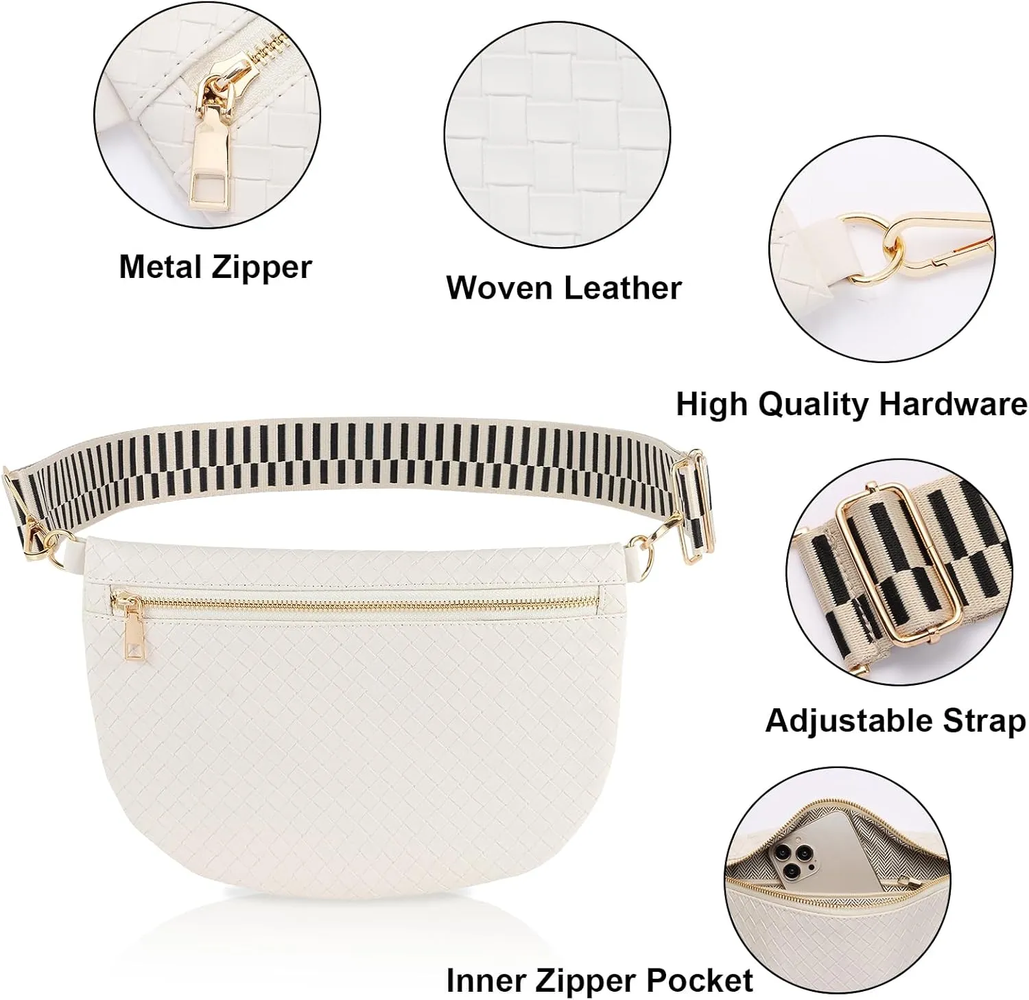 Woven Fanny Packs Belt Bag Sling Bag for Women Woven Leather Bum Bag Crossbody Bag Waist Pack Chest Bag Purse Shoulder Bag for Women-Cream